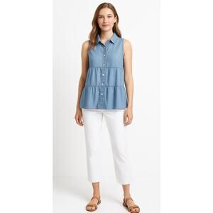 J Jill Womens Denim Sleeveless Chambray Tiered Button Front Tencel Top Small
